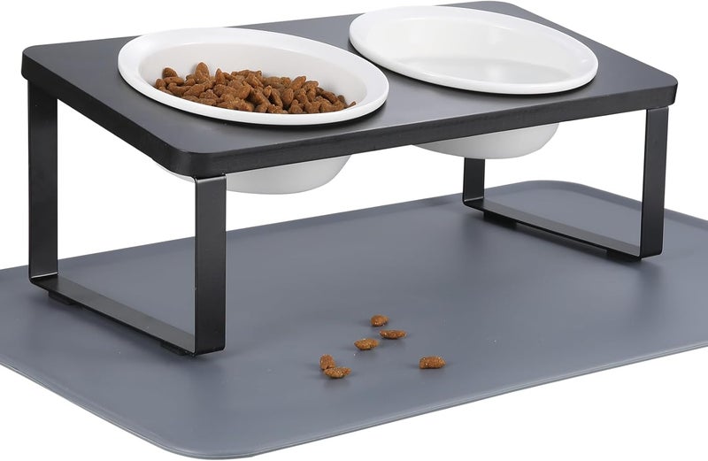 Summark Elevated Whisker Friendly Cat Bowls, 15 Tilted Stand Anti Vomiting Raised Dishes for Food and Water,2 Ceramic Bowls for Cats and Puppy,Black - Image 1